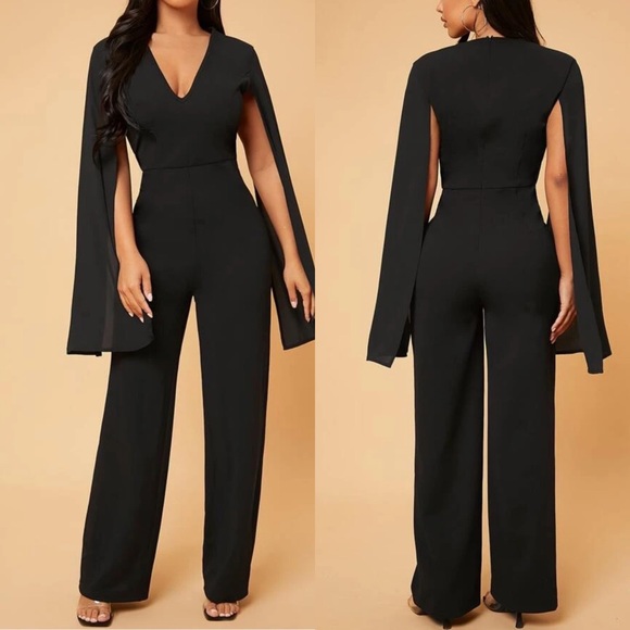 Pants - Glam slit cloak sleeve cape statement jumpsuit v neck black